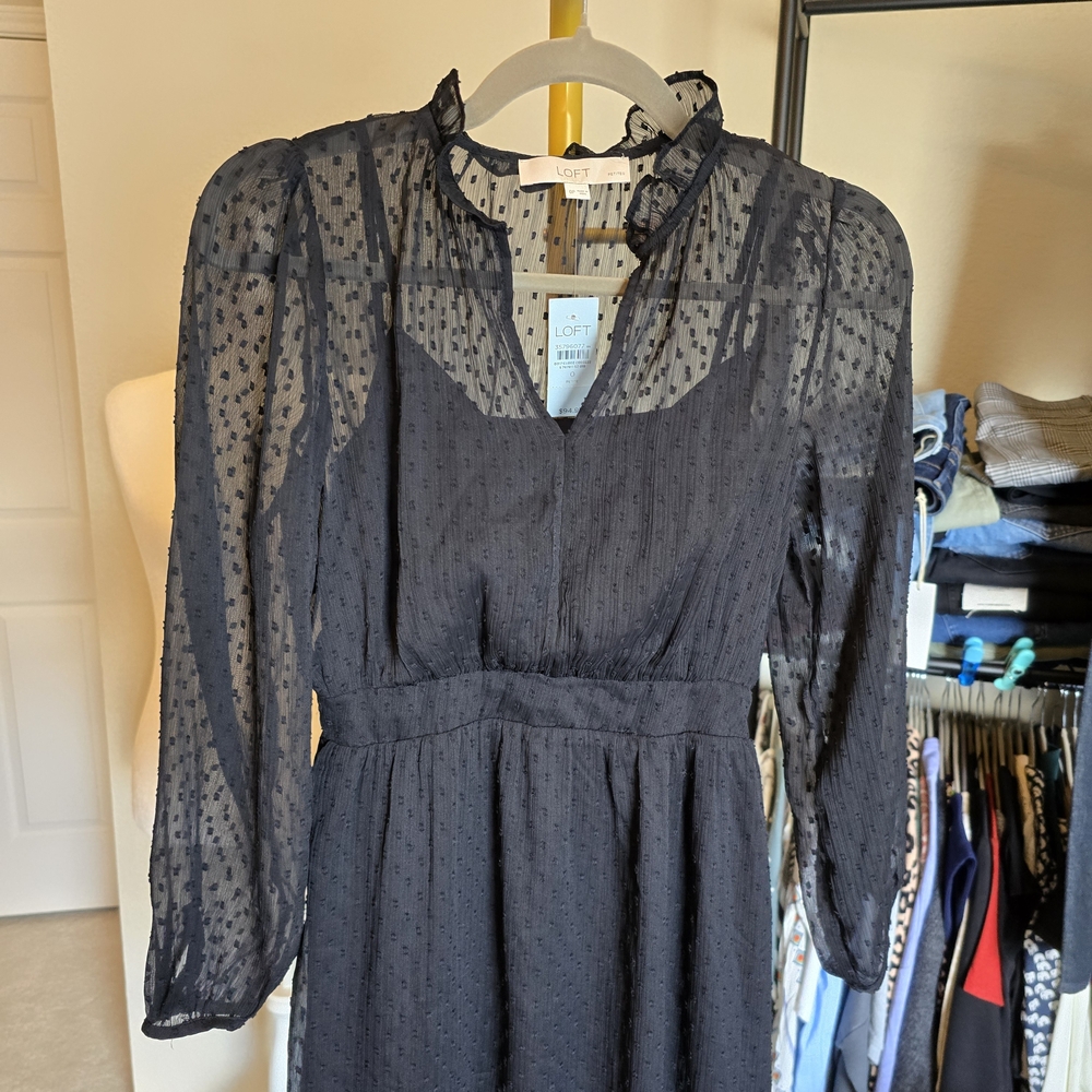 LOFT NWT Black Sheer Clip Dot Women's Dress 0 Petite